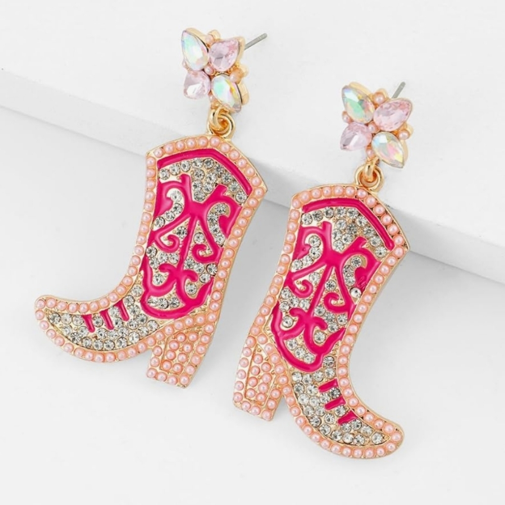 Hot Pink Cowgirl Boots Western Earrings Pearls & Rhinestones Rodeo Jewelry